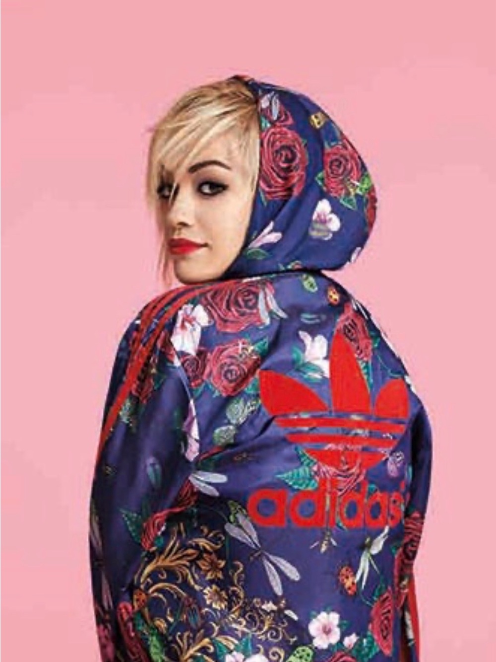 RARE Adidas Rita Ora LIMITED RARE Navy Roses Bomber Jacket with Red Stripes